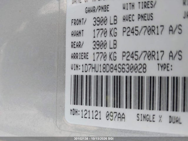 30102138 :رقم المزاد ، 1D7HU18D84S630028 vin ، 2004 Dodge Ram 1500 St/slt مزاد بيع