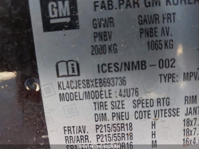 2014 Buick Encore მანქანა იყიდება აუქციონზე, vin: KL4CJESBXEB693736, აუქციონის ნომერი: 30102139