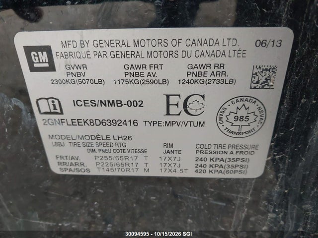 Продаж на аукціоні авто 2013 Chevrolet Equinox Lt, vin: 2GNFLEEK8D6392416, номер лоту: 30094595
