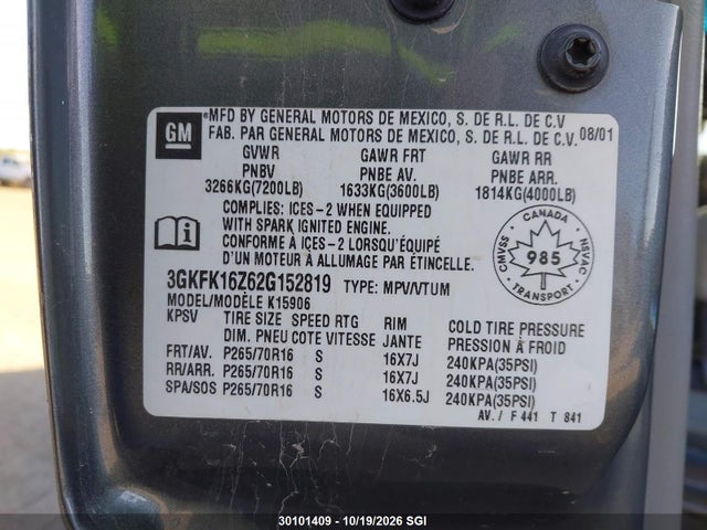 Aukcja sprzedaży 2002 Gmc Yukon Xl K1500, vin: 3GKFK16Z62G152819, numer aukcji: 30101409