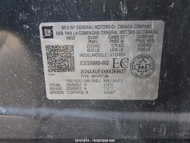 2GNAXUEVXK6269927 Chevrolet EQUINOX LT