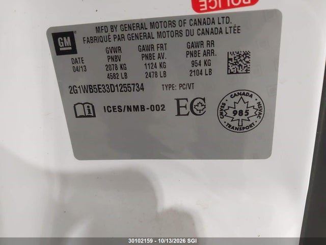 Auction sale of the 2013 Chevrolet Impala Lt, vin: 2G1WB5E33D1255734, lot number: 30102159