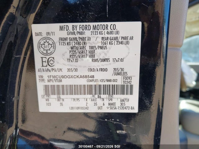 30100467 :رقم المزاد ، 1FMCU9DGXCKA68548 vin ، 2012 Ford Escape Xlt مزاد بيع