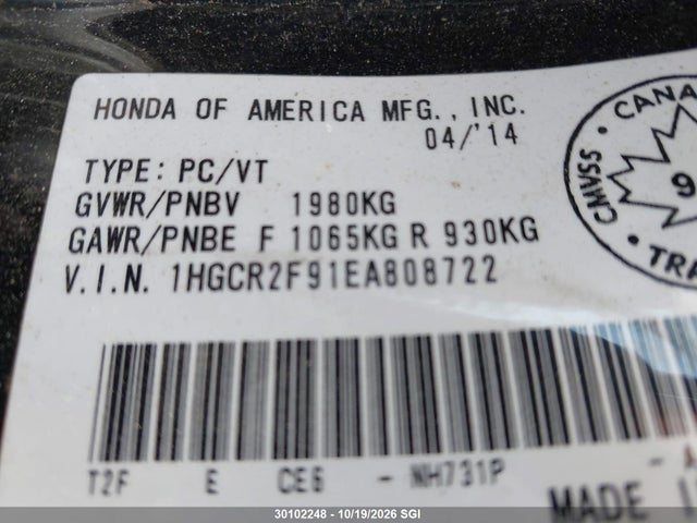 Honda Accord Touring 2014 1HGCR2F91EA808722 Image 9