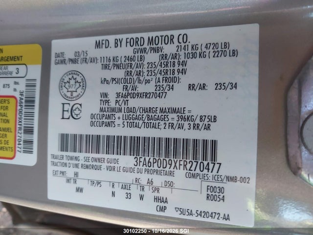 2015 Ford Fusion Titanium მანქანა იყიდება აუქციონზე, vin: 3FA6P0D9XFR270477, აუქციონის ნომერი: 30102250