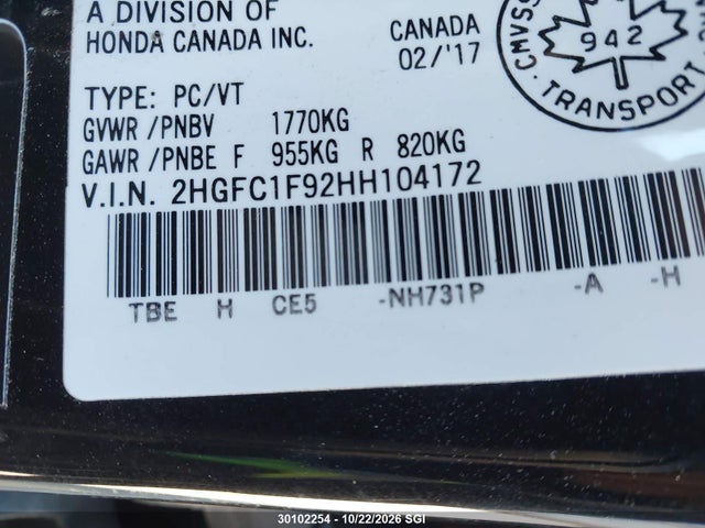 Honda Civic Touring 2017 2HGFC1F92HH104172 Image 9