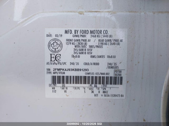 Ford EDGE SEL 2019 2FMPK4J93KBB91293 Image 9