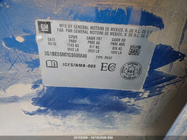 3G1BE5SM7GS606849 Chevrolet CRUZE LT