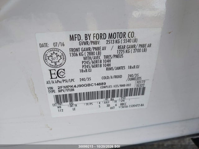 Ford EDGE SEL 2016 2FMPK4J90GBC14889 Image 9