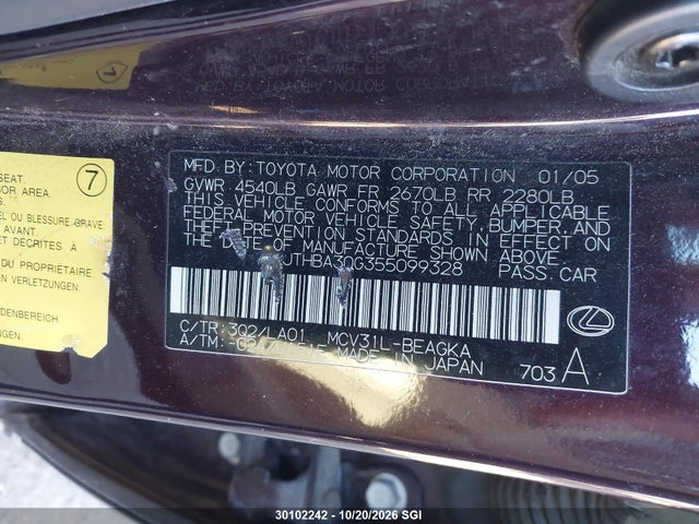 Продаж на аукціоні авто 2005 Lexus Es 330, vin: JTHBA30G355099328, номер лоту: 30102242