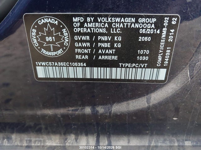Volkswagen PASSAT SEL 2014 1VWCS7A35EC105354 Image 9