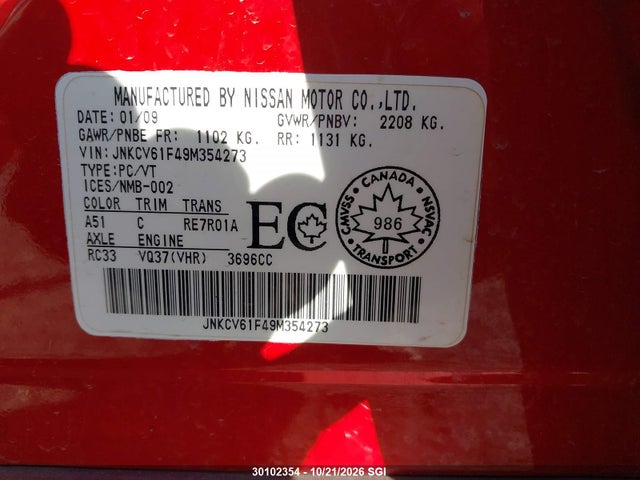 Aukcja sprzedaży 2009 Infiniti G37, vin: JNKCV61F49M354273, numer aukcji: 30102354