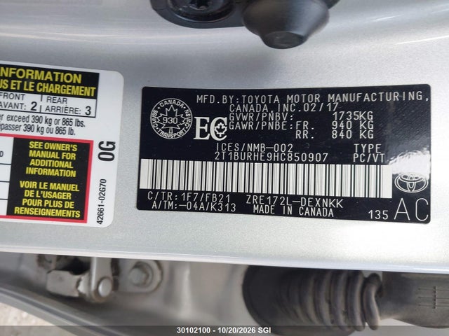 2T1BURHE9HC850907 Toyota Corolla L/le/xle/se/xse