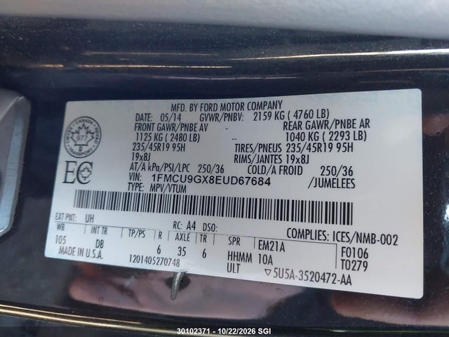 Ford ESCAPE SE 2014 1FMCU9GX8EUD67684 Image 9