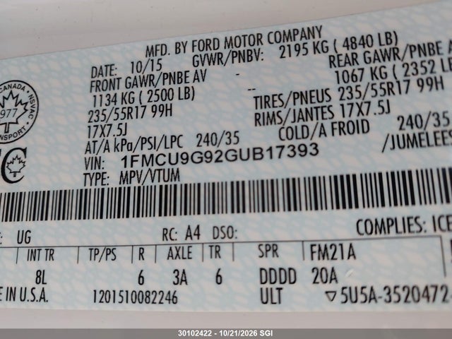 1FMCU9G92GUB17393 Ford ESCAPE SE