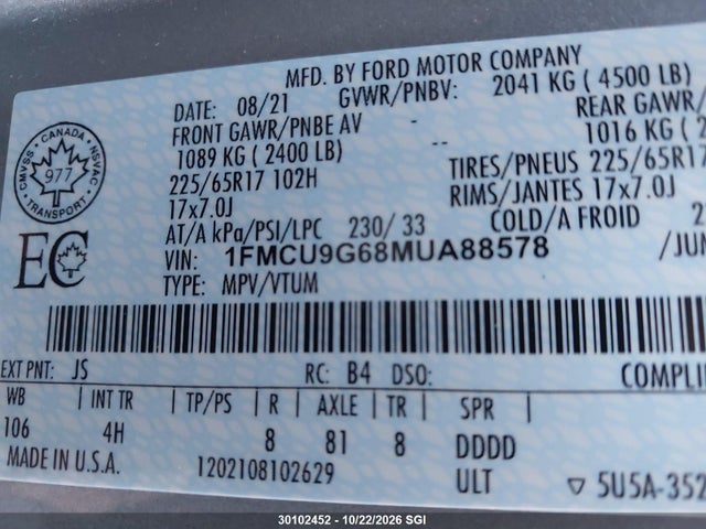 1FMCU9G68MUA88578 Ford ESCAPE SE