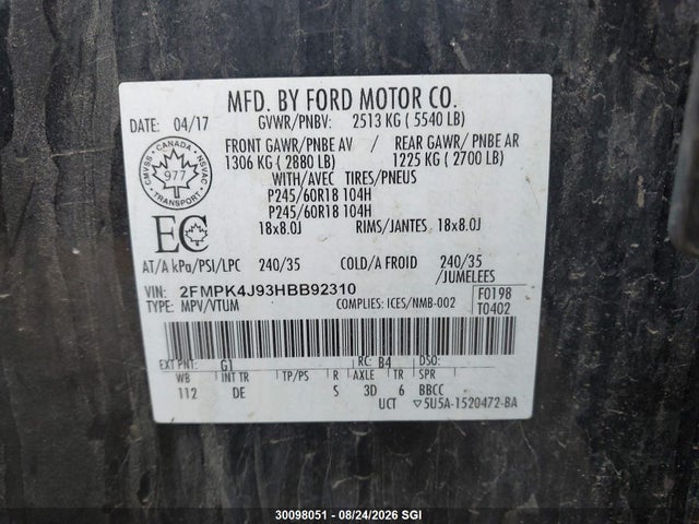 Aukcja sprzedaży 2017 Ford Edge Sel, vin: 2FMPK4J93HBB92310, numer aukcji: 30098051