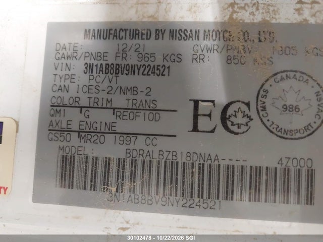 Продаж на аукціоні авто 2022 Nissan Sentra S, vin: 3N1AB8BV9NY224521, номер лоту: 30102478