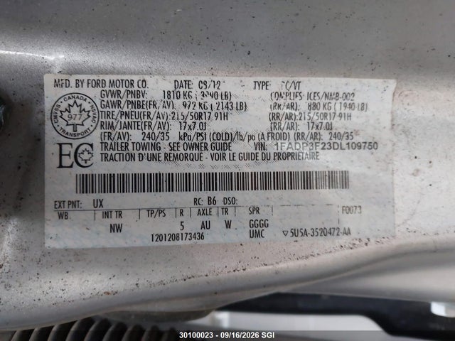Продажа на аукционе авто 2013 Ford Focus Se, vin: 1FADP3F23DL109750, номер лота: 30100023