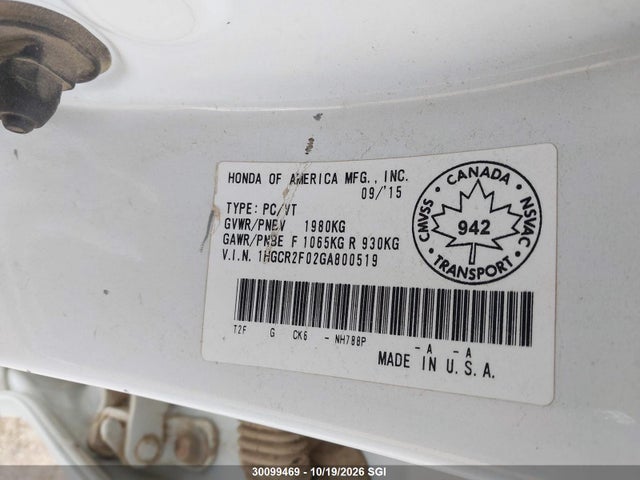 Honda ACCORD EX 2016 1HGCR2F02GA800519 Image 9