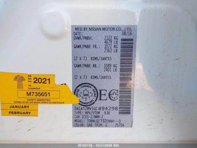 5N1AT2MV1GC894298 Nissan Rogue S/sl/sv