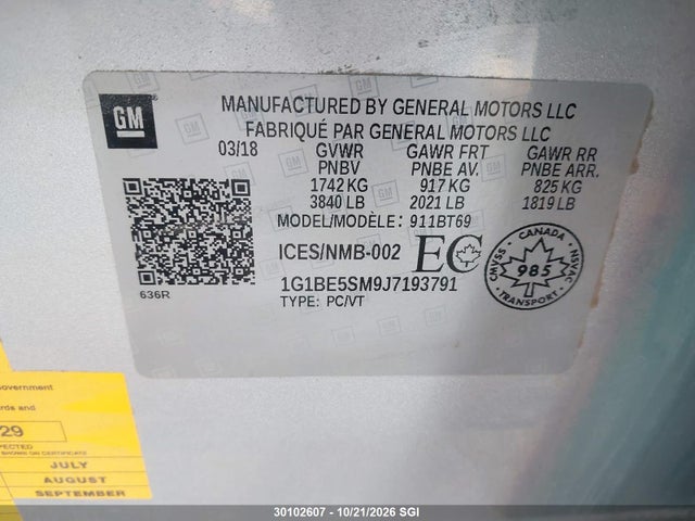 Chevrolet CRUZE LT 2018 1G1BE5SM9J7193791 Image 9
