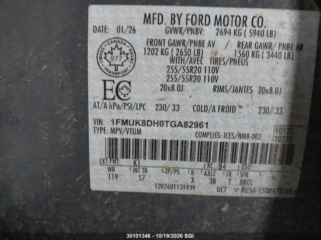 Продаж на аукціоні авто 2026 Ford Explorer Active, vin: 1FMUK8DH0TGA82961, номер лоту: 30101346