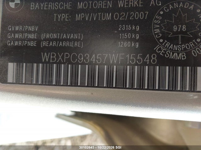 Aukcja sprzedaży 2007 Bmw X3 3.0si, vin: WBXPC93457WF15548, numer aukcji: 30102645