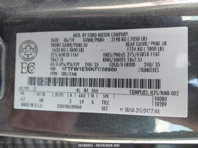 Продажа на аукционе авто 2019 Ford F150 Supercrew, vin: 1FTFW1E50KFC58800, номер лота: 30100953