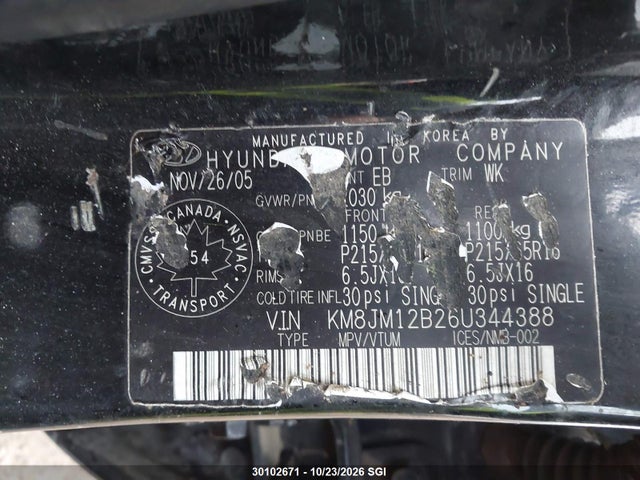 30102671 :رقم المزاد ، KM8JM12B26U344388 vin ، 2006 Hyundai Tucson Gl مزاد بيع