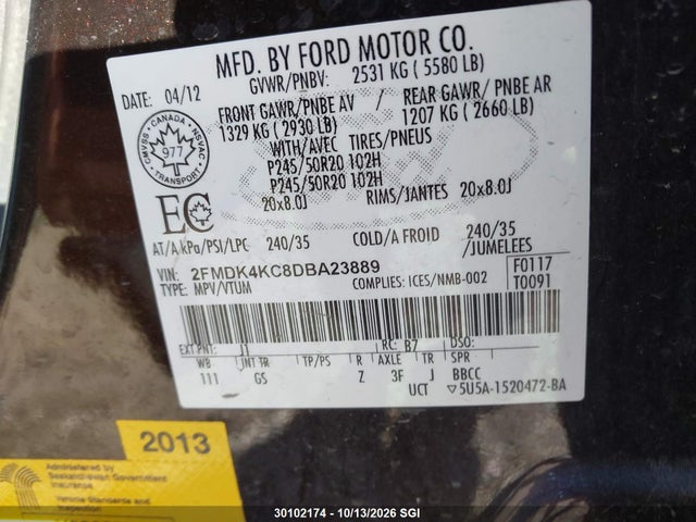 Продажа на аукционе авто 2013 Ford Edge Limited, vin: 2FMDK4KC8DBA23889, номер лота: 30102174