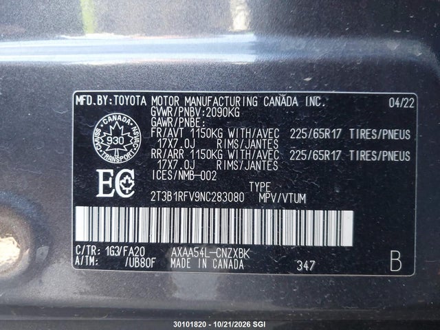 2T3B1RFV9NC283080 Toyota RAV4 LE