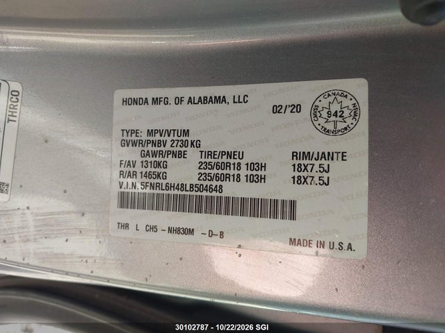 Honda ODYSSEY EX 2020 5FNRL6H48LB504648 Image 9