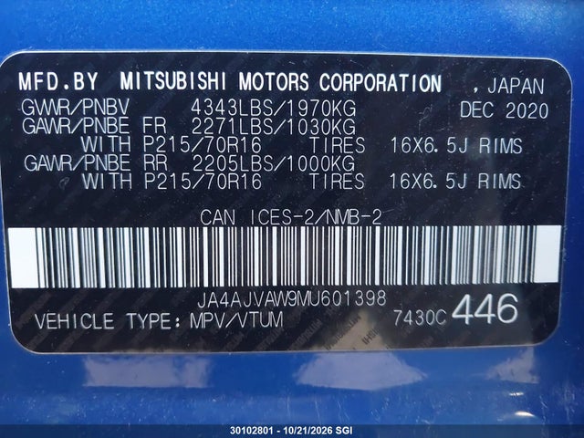 30102801 :رقم المزاد ، JA4AJVAW9MU601398 vin ، 2021 Mitsubishi Rvr Se/sel/le/gt مزاد بيع