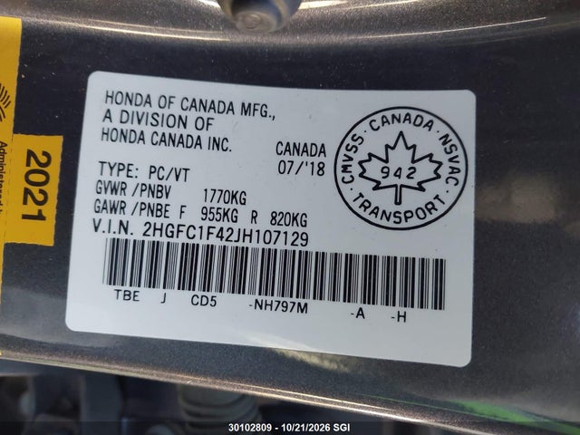 Honda CIVIC EX 2018 2HGFC1F42JH107129 Image 9