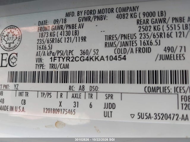 Ford Transit T-250 2019 1FTYR2CG4KKA10454 Image 9