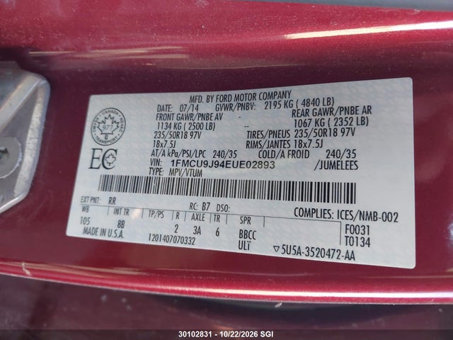 1FMCU9J94EUE02893 Ford Escape Titanium