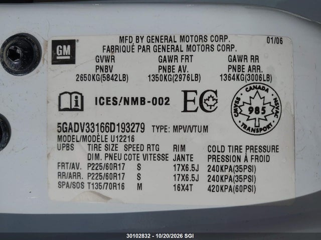 30102832 :رقم المزاد ، 5GADV33166D193279 vin ، 2006 Buick Terraza Cxl مزاد بيع