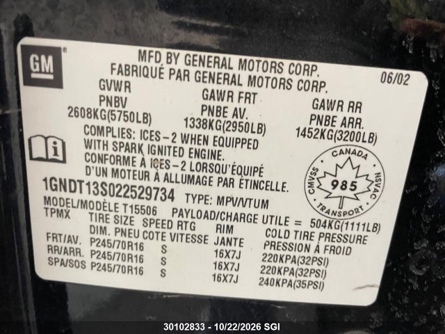 Aukcja sprzedaży 2002 Chevrolet Trailblazer, vin: 1GNDT13S022529734, numer aukcji: 30102833