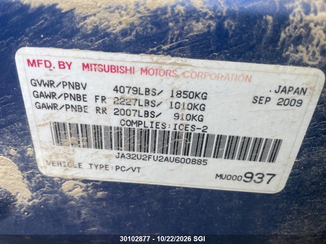 Aukcja sprzedaży 2010 Mitsubishi Lancer Es/es Sport, vin: JA32U2FU2AU600885, numer aukcji: 30102877