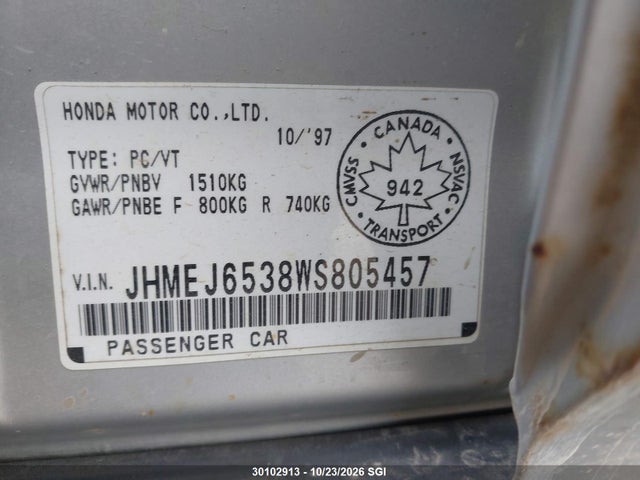 30102913 :رقم المزاد ، JHMEJ6538WS805457 vin ، 1998 Honda Civic Lx مزاد بيع