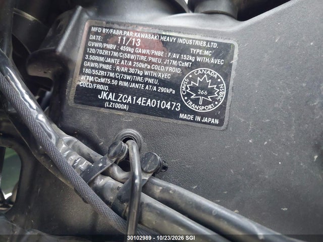30102989 :رقم المزاد ، JKALZCA14EA010473 vin ، 2014 Kawasaki Klz1000a مزاد بيع