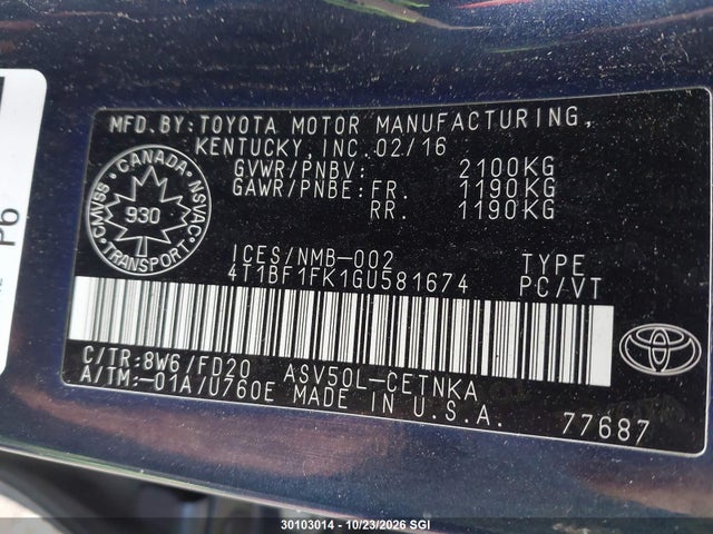 4T1BF1FK1GU581674 Toyota Camry Le/xle/se/xse