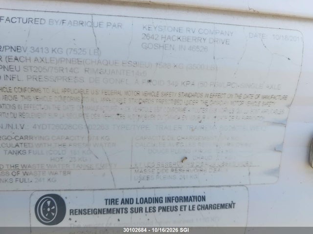 30102684 :رقم المزاد ، 4YDT26028CG102263 vin ، 2011 Keystone Keystone مزاد بيع
