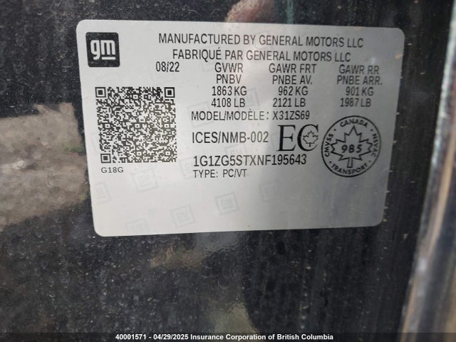 Продажа на аукционе авто 2022 Chevrolet Malibu Rs, vin: 1G1ZG5STXNF195643, номер лота: 40001571