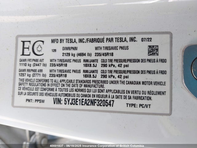 5YJ3E1EA2NF320547 Tesla MODEL 3