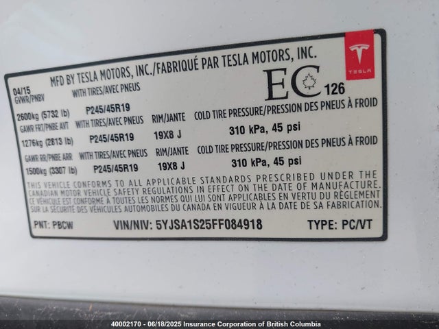 5YJSA1S25FF084918 Tesla 3 phase a/c induction (dual motor)
