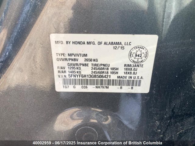 5FNYF6H13GB506421 Honda Pilot