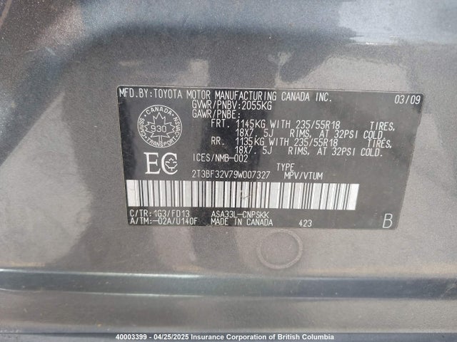 Продажа на аукционе авто 2009 Toyota Rav4, vin: 2T3BF32V79W007327, номер лота: 40003399