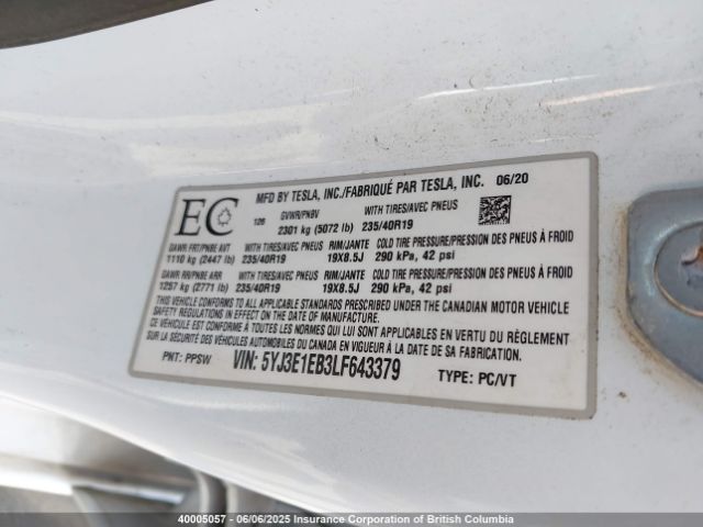 5YJ3E1EB3LF643379 Tesla 2020